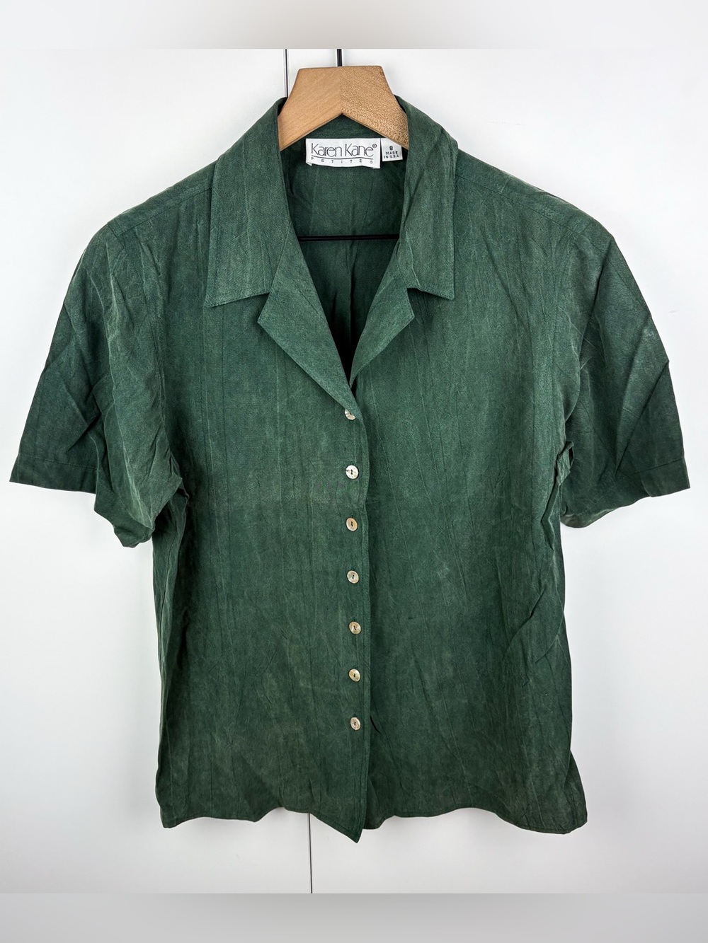 Vintage 100% Silk Short Sleeve Button Down Blouse Top Pine Forest Green Coquette